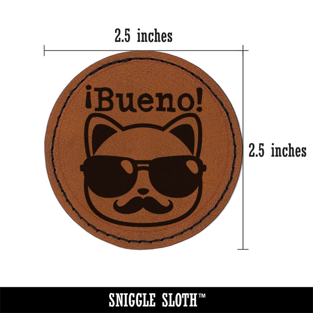 Bueno Cat Sunglasses Spanish Teacher Class School Round Iron-On Engraved Faux Leather Patch Applique - 2.5 Inch